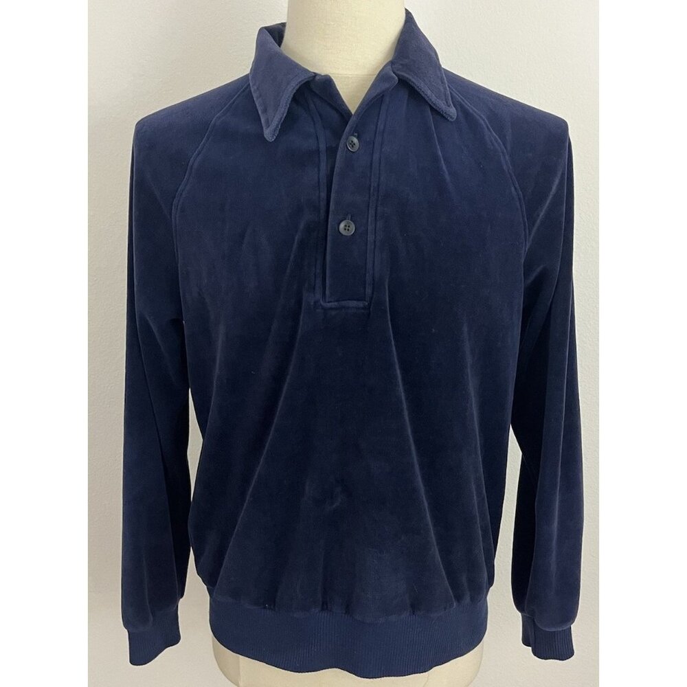 Vintage Sears Sportswear Men's L Blue Velour Pullover Top Collar Button